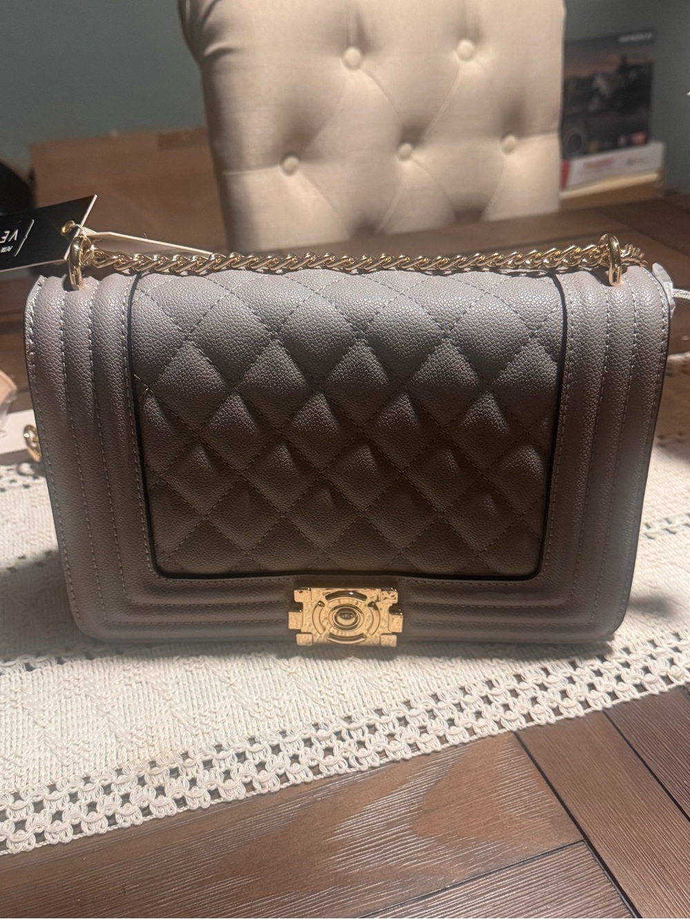 Grey Quilted texture adjustable Chain shoulder /crossbody Bag -gold hardware